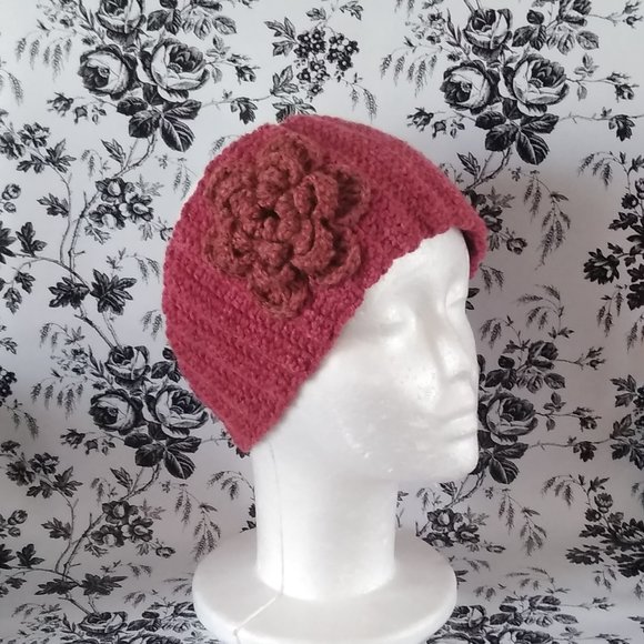 Hand Crafted Accessories - Handmade Crochet Maroon Headband w/ Crochet Flower
